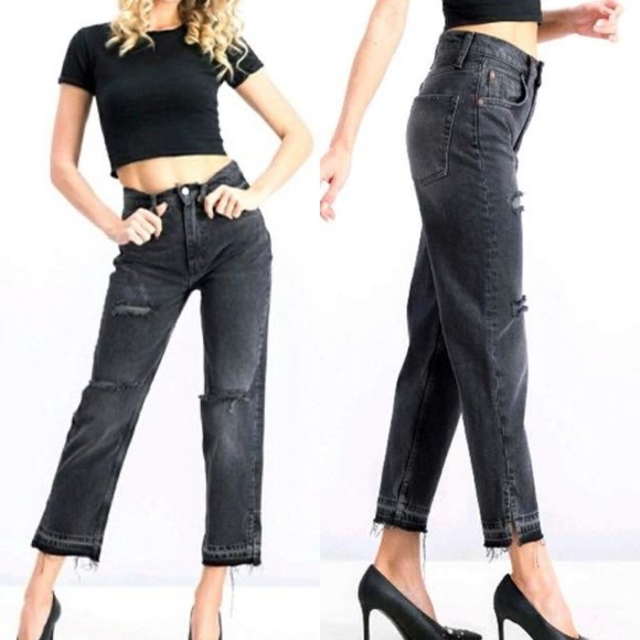 Free People Lita High Rise Black Jeans | Distressed Baggy Mom Jean Boho Ankle - Picture 3 of 12